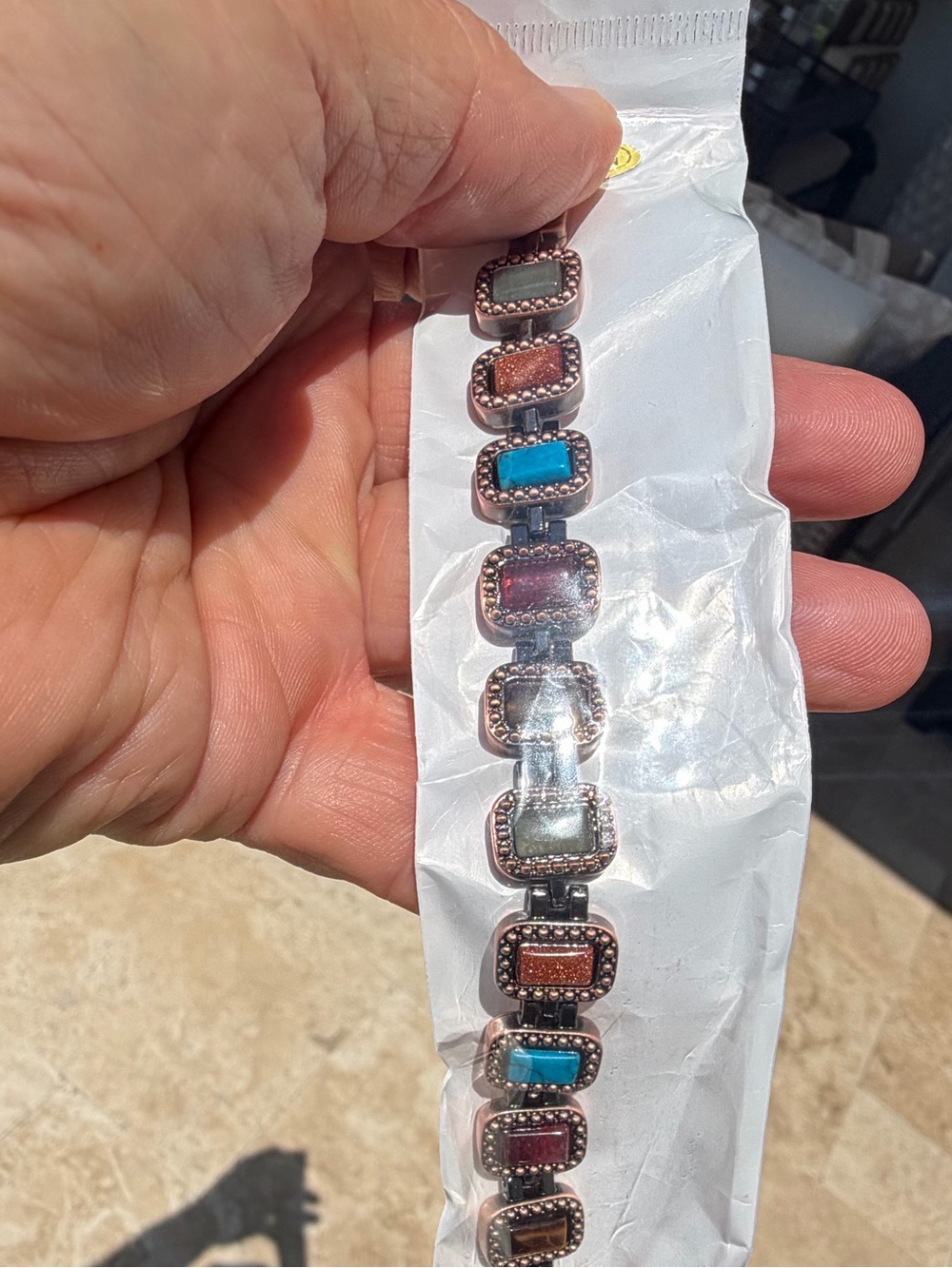 Multi-Stone Link Bracelet - Turquoise & Coral Accents Magnetic Healing Bracelet